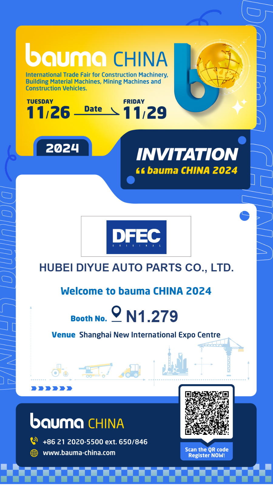 bauma CHINA 2024 Invitation - Hubei Diyue Auto Parts Co., Ltd. Booth N1.279 at Shanghai New International Expo Centre